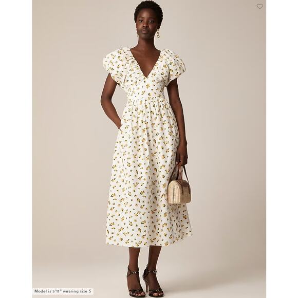 J Crew Collection Dress Womens 12 Cecily Midi Floral White Yellow Cottagecore - Picture 1 of 12